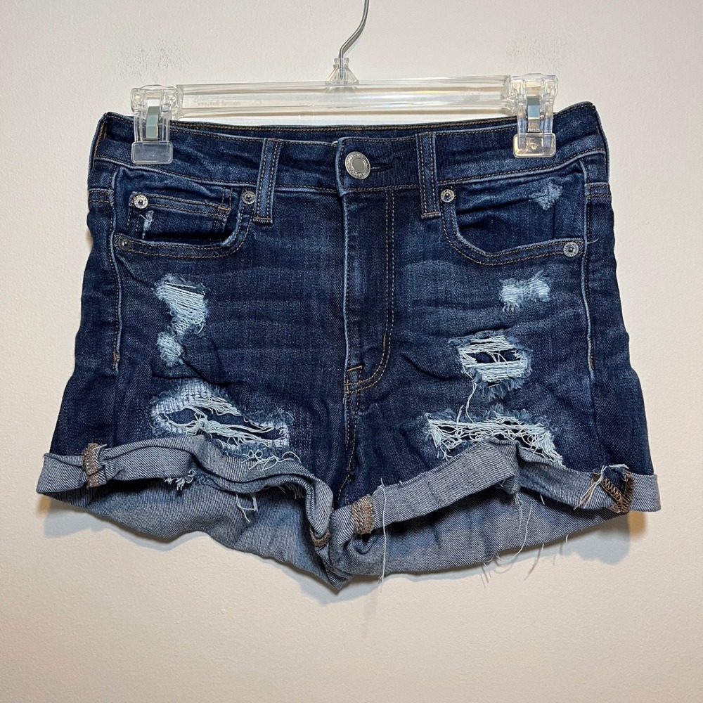 American Eagle Jean Shorts Hi Rise Shortie Distressed Dark Wash Stretch‎ Size 2